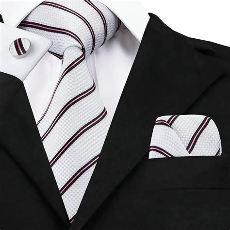 2017 Fashion White Black Striped Tie Hanky Cufflinks Sets Men S Silk