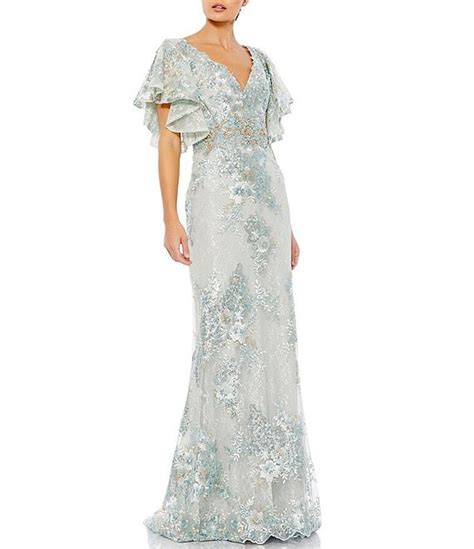 Mac Duggal Flutter Short Sleeve Floral V Neck Sheath Gown Dillard S