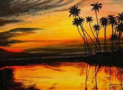 Tropical Sunset Watercolor Sunset Landscape Art Painting