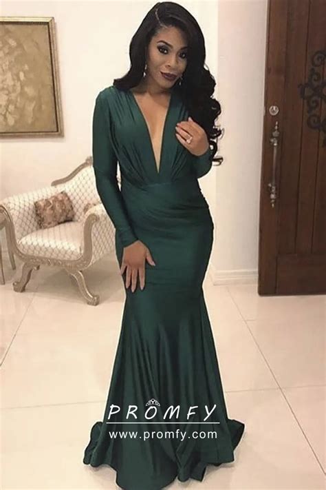 Emerald Green Long Sleeve Mermaid Prom Dress Promfy