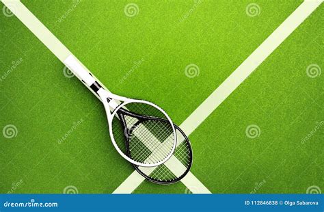 Tennis Rackets With Ball On Green Grass Background Stock Photography