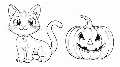 Cute Cat and Halloween Pumpkin Coloring Page | Premium AI-generated vector