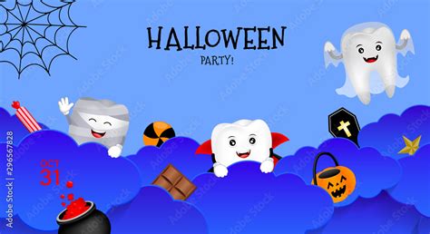 Funny cartoon Halloween tooth character with night clouds. Dracula, mummy and ghost ...