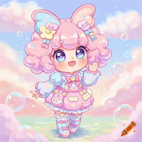cute chibi style character  pink curly hair large sparkly eyes