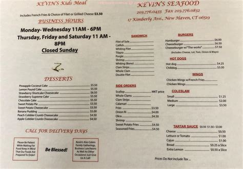 Menu at Kevin's Seafood restaurant, New Haven