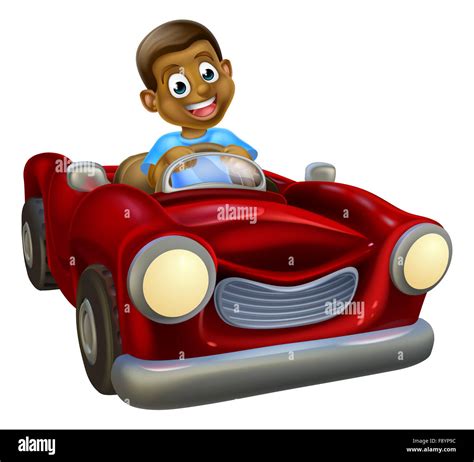 A cartoon black boy having fun driving a red car Stock Photo - Alamy