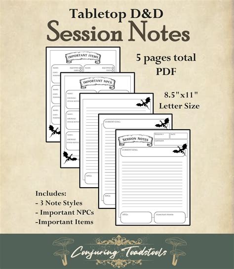 Tabletop D D Campaign Session Player Notes Journal Pack Digital