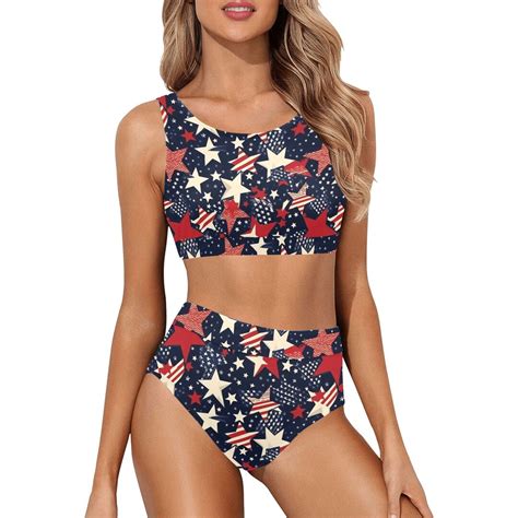 American Flag Stars Sports Bikini Set Usa Red White Blue Patriotic Th Of July High Waisted