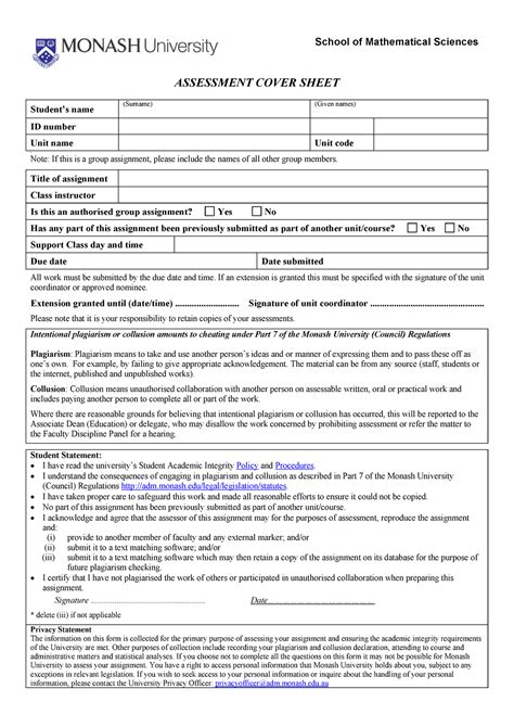 Monash Assignment Cover Sheet 2020 Cover Sheet Court