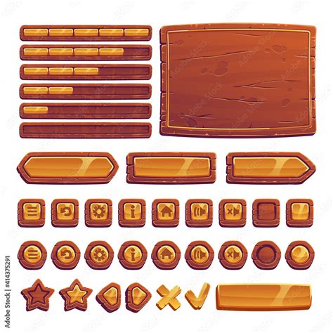 Wooden And Gold Buttons For Ui Game Gui Elements Isolated On White