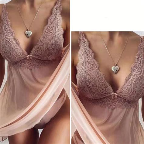 Sexy Nightdress Lace Transparent Lingerie For Women Deep V Sleepwear Sleeveless Babydoll Female