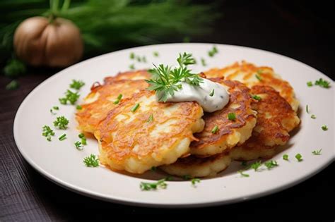 Premium Ai Image Potato Pancakes Draniki With Herbs And Sour Cream