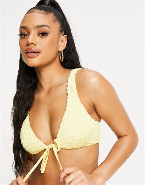 Asos Design Shirred Tie Front Triangle Bikini Top In Pastel Yellow