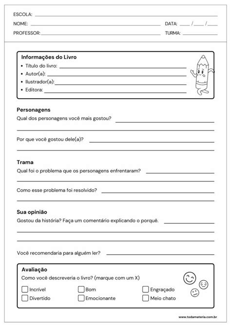 Modelo de ficha de leitura para o 5º ano (para imprimir) - Toda Matéria