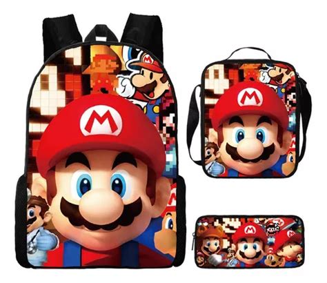 Mochila Mario Bros Primaria Color Rojo Diseño de la tela Rayado