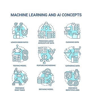 Set Of Turquoise Icons Representing Machine Learning And Ai Concepts ...