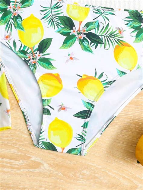 Tween Girl Lemon Print Bikini Set With Kimono Cardigan Yellow Girl Piece Swimwear Beach