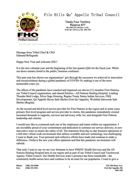 Message From Tribal Chief Ceo Edmund Bellegarde File Hills Qu