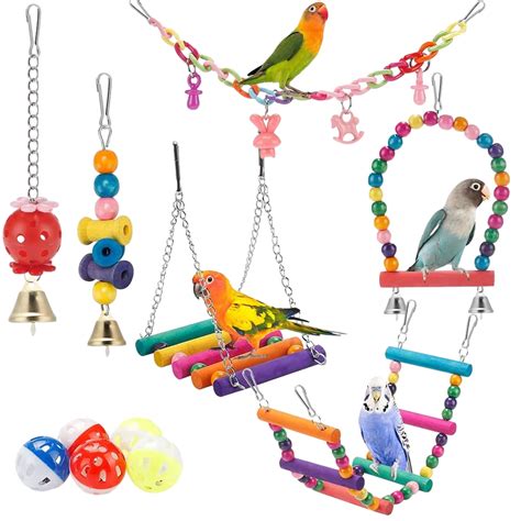 Sytle-Carry 11 Pcs Bird Parakeet Toys, Swing Hanging Standing Chewing ...