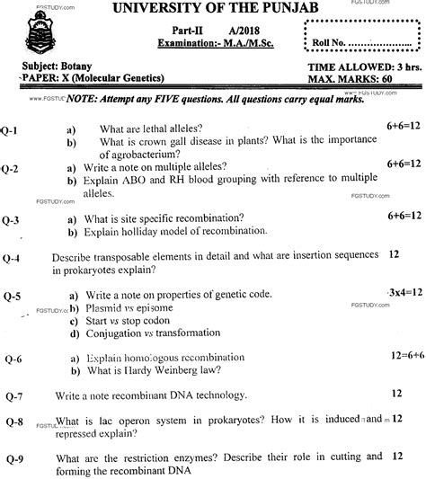 Msc Part Botany Molecular Genetics Past Paper Punjab University