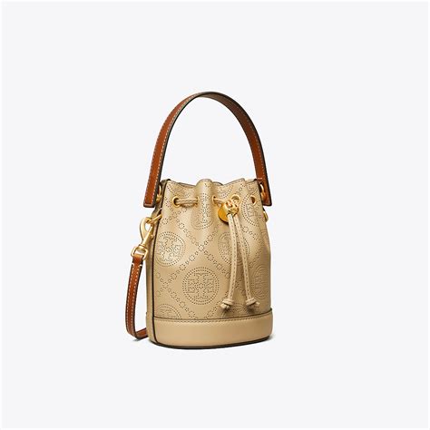 Tory Burch Mini T Monogram Perforated Leather Bucket Bag In Almond Modesens