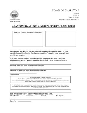 Fillable Online Townofcharlton Unclaimed Property Form Town Of