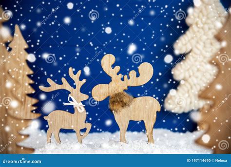 Christmas Tree Moose Couple In Love Snow Snowflakes Stock Photo