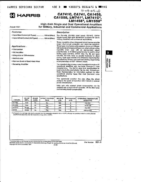 LM741 Datasheet 1 6 Pages HARRIS HIGH GAIN SINGLE AND DUAL