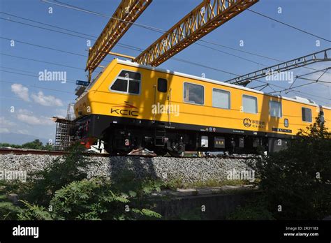 Bandung Regency, Tegalluar, West Java, Indonesia. May 25, 2023. A grinder train crosses the ...