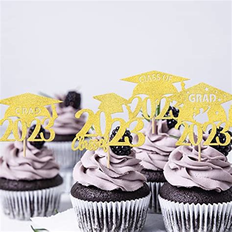 Rsstarxi 24 Pack Gold Glitter 2023 Graduation Cap Cupcake Toppers Clas