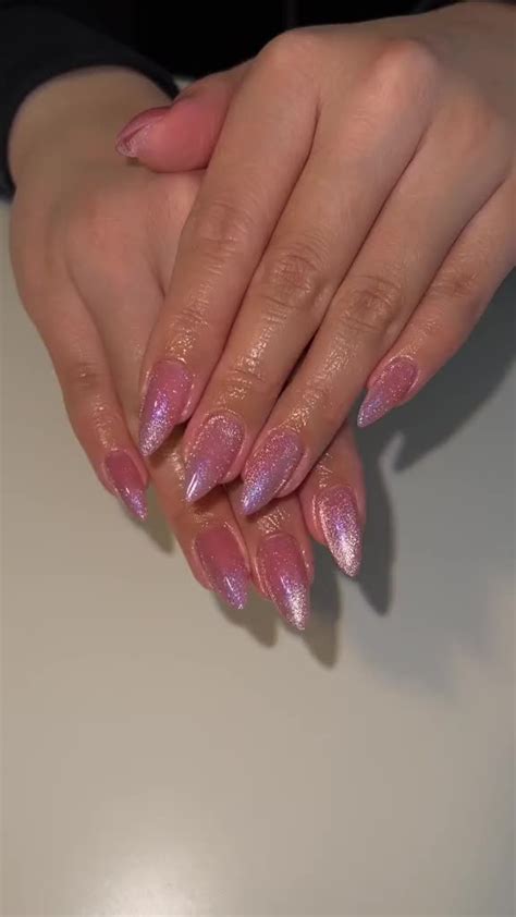 New Pink Cat Eye Shimmer Long Almond Nails In 2024 Long Almond Nails Almond Nails Nail Colors