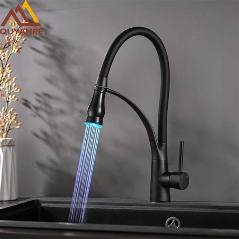 Quyanre Black Chrome Led Kitchen Faucet Pull Out Led Spray Kitchen Sink