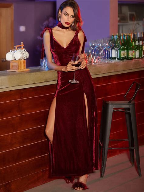 Burgundy Tie Shoulder Double Slit Front Velvet Dress With Neck Tie