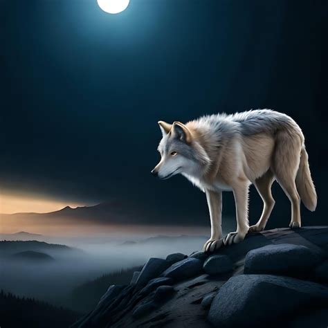 Premium Photo A Wolf Standing On A Rock With The Moon In The Background