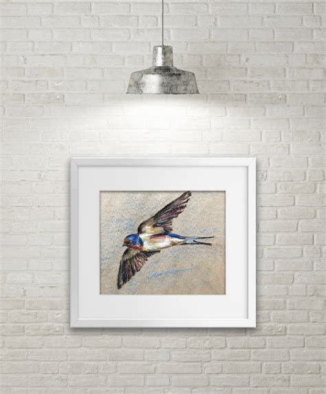 Swallow Painting Bird Original Art Barn Swallow Oil Pastel Draiwing