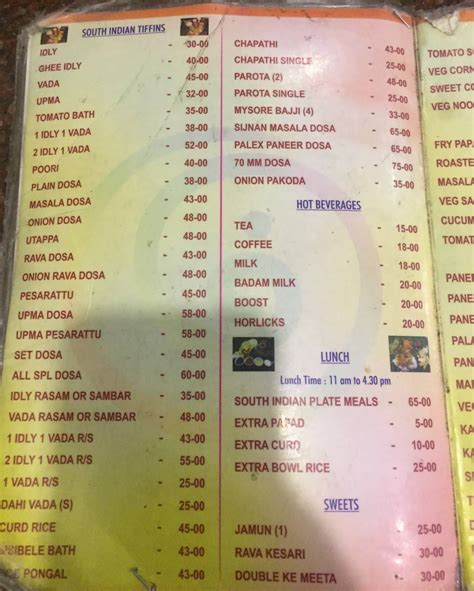 Menu At Swathi Tiffins Hyderabad