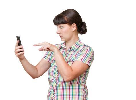 Brunette Stares At The Cell Phone Screen Stock Image Image Of Excited Hand 62372983