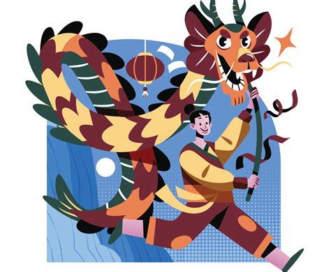 A Man Celebrating Chinese New Year With Dragon Dance Vector Art ...