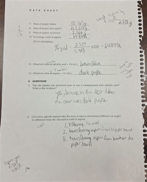 Solved Mass Of Beaker Plus Aspirin Mass Of Aspirin Chegg