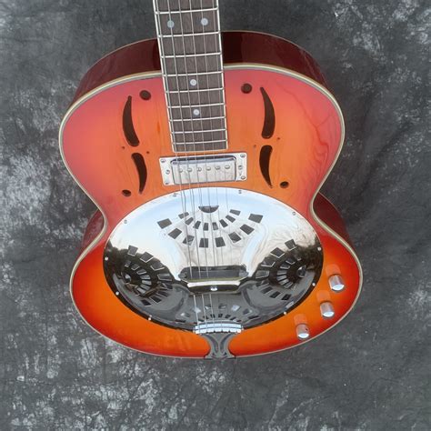 2023 Top Quality Metal Top Double F Top Red Back 6 Strings Dobro Resonator Steel Electric Guitar