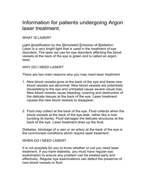 Information For Patients Undergoing Argon Laser Treatment