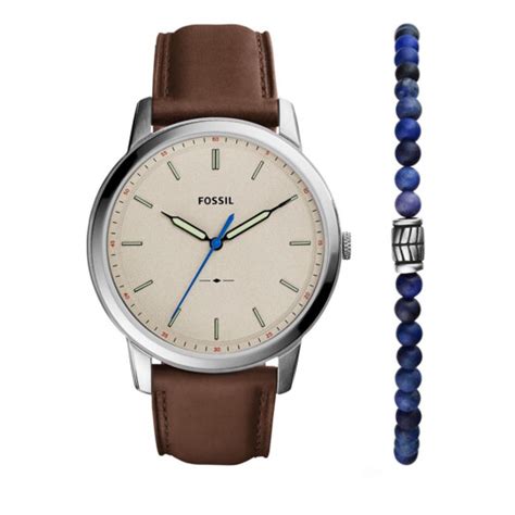 Fossil Minimalist Three Hand Eco Leather Watch And Bracel Brown