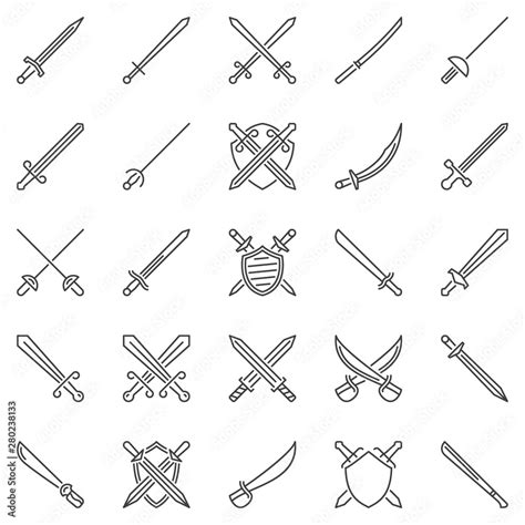 Sword outline concept icons set. Crossed swords, katana and shield ...