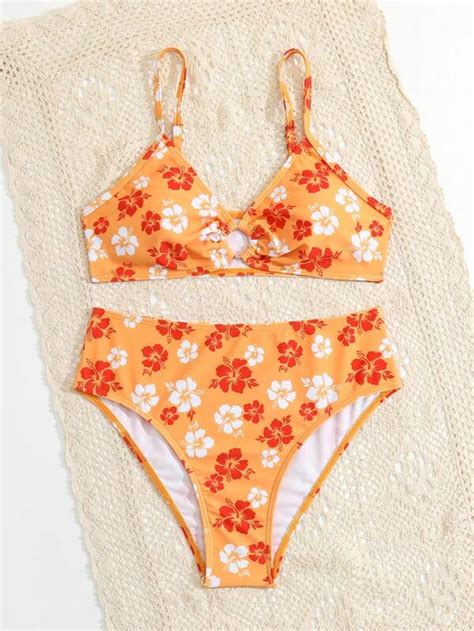 Teen Girls Floral Print Ring Linked Bikini Swimsuit Shein Uk