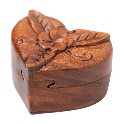 Hand Carved Floral Brown Suar Wood Puzzle Box From Bali Frangipani