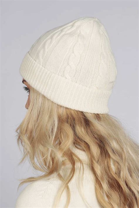 Cream White Pure Cashmere Beanie Hat Cable And Rib Knit