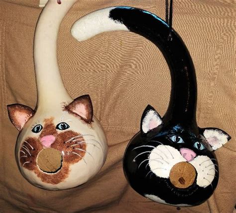 Gourd Cats Tuxedo And Siamese Birdhouse Hand Painted Gourds Gourds