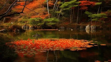 Beautiful Autumn Scene With Leaves Surrounding A Pond Background