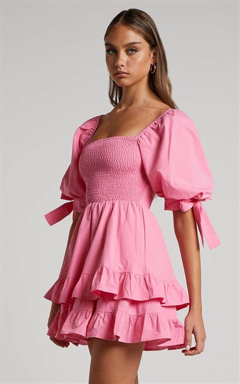 Chelle Shirred Short Tie Sleeve Mini Dress In Pink Showpo Usa