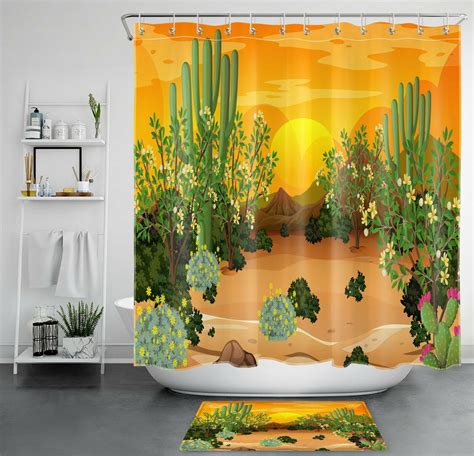 Tropical Oasis Shower Curtain With Vibrant Foliage And Desert Cactus